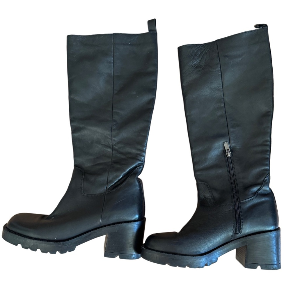 ASOS black leather knee-high boots with 3" heel